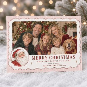 Vintage-Weihnachtsmann-Rosa-Streifen-Familienfoto Feiertagskarte