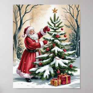 Vintage-Weihnachtsmann schmückt den Weihnachtsbaum Poster