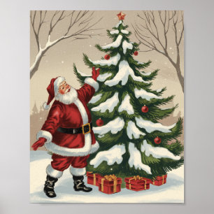 Vintage-Weihnachtsmann schmückt den Weihnachtsbaum Poster