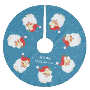 Vintage Weihnachtsmann & Schneeflocken auf Blau Polyester Weihnachtsbaumdecke