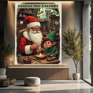 Vintage-Weihnachtsmann-Spielzeugfabrik-Elfenhelfer Poster