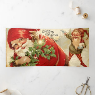 Vintage Weihnachtsmann, Stechpalme und der Schneeb Dreifach Gefaltete Urlaubskarte