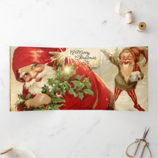 Vintage Weihnachtsmann, Stechpalme und der Schneeb Dreifach Gefaltete Urlaubskarte