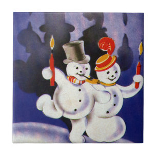 Vintage Weihnachtsmann tanzende Schneemänner mit K Fliese