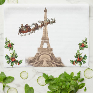 Vintage Weihnachtsmann über Paris Weihnachtshandtu Geschirrtuch