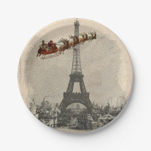 Vintage Weihnachtsmann über Paris Weihnachtspapier Pappteller