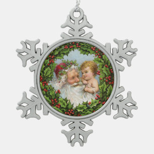 Vintage Weihnachtsmann und Baby Weihnachten Schneeflocken Zinn-Ornament