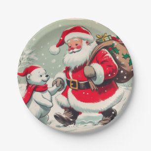 Vintage-Weihnachtsmann-und-Bär-Weihnachts-Papierte Pappteller