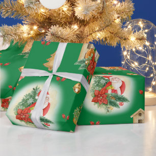 Vintage-Weihnachtsmann und -Dekorationen Grün Geschenkpapier