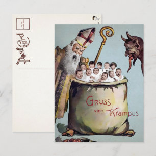 Vintage-Weihnachtsmann und Krampus mit Kindern Pos Postkarte
