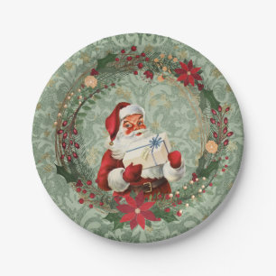 Vintage-Weihnachtsmann und Kranz Pappteller