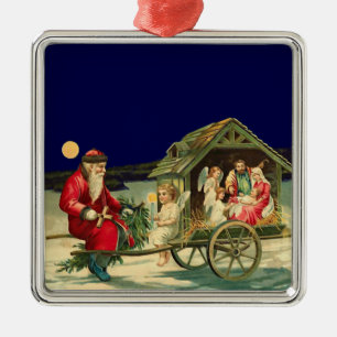 Vintage Weihnachtsmann und Krippenszene Ornament Aus Metall
