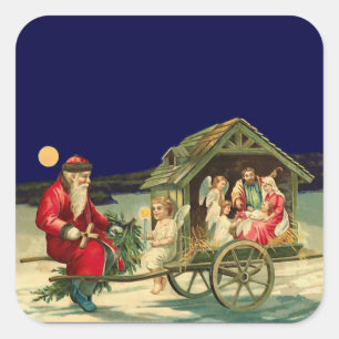 Vintage Weihnachtsmann und Krippenszene Quadratischer Aufkleber