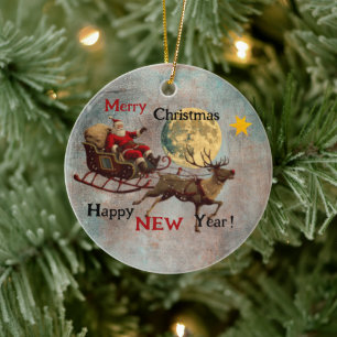 Vintage Weihnachtsmann und Rentiere  Keramik Ornament