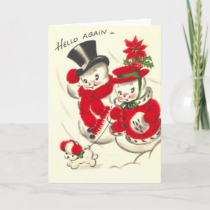 Vintage-Weihnachtsmann- und Schneefrau-Karte Feiertagskarte