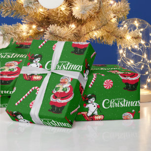 Vintage Weihnachtsmann und Schneemann mit Schnee G Geschenkpapier