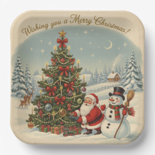 Vintage Weihnachtsmann und Schneemann mit Weihnach Pappteller