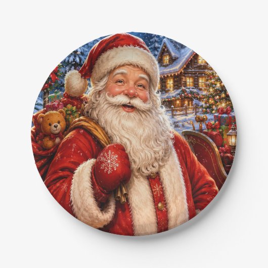 Vintage-Weihnachtsmann-Weihnachtspapierteller Pappteller (Vorderseite)