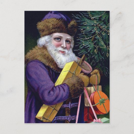 Vintage Weihnachtsmann-Weihnachtspostkarte - lila Feiertagspostkarte (Vorderseite)