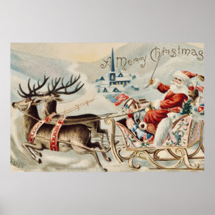 Vintage-Weihnachtsmann-Weihnachtsschlitten-Rentier Poster