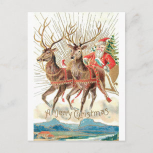 Vintage Weihnachtsmann Weihnachtsschlitten Rentier Postkarte