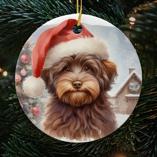 Vintage Weihnachtsmannmütze Brown Havanese Dog Keramik Ornament