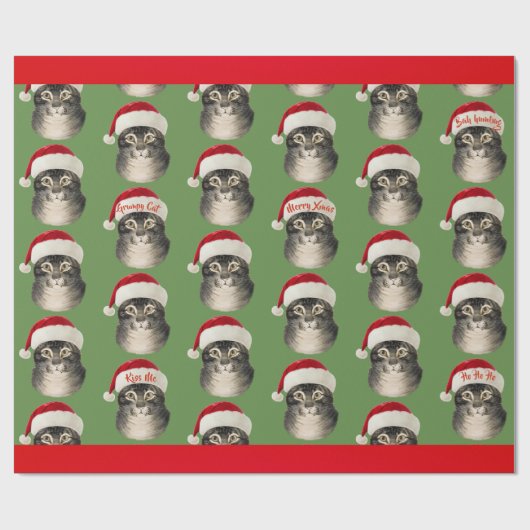 Vintage Weihnachtsmannmütze-Katzen-Kunst Geschenkpapier (Flach)