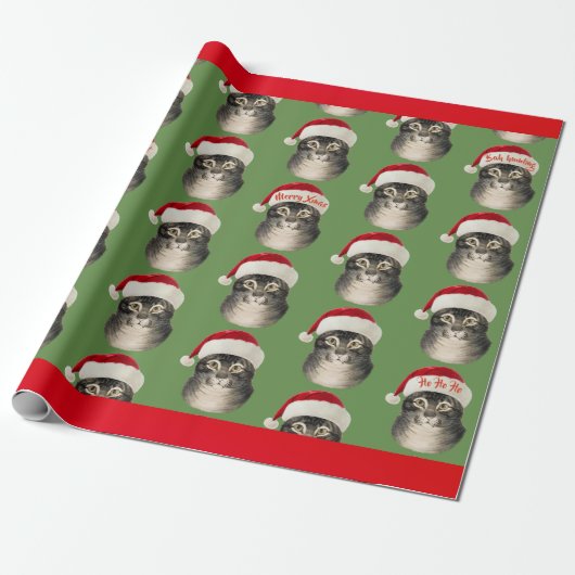 Vintage Weihnachtsmannmütze-Katzen-Kunst Geschenkpapier (Ungerollt)