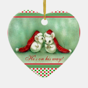 Vintage Weihnachtsmäuse mit roten Keramikornament