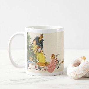 Vintage Weihnachtsmorgen, Familie öffnet Geschenke Kaffeetasse