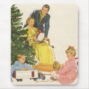Vintage Weihnachtsmorgen, Familie öffnet Geschenke Mousepad
