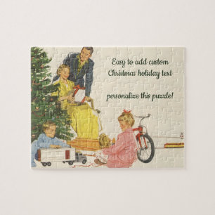 Vintage Weihnachtsmorgen, Familie öffnet Geschenke Puzzle