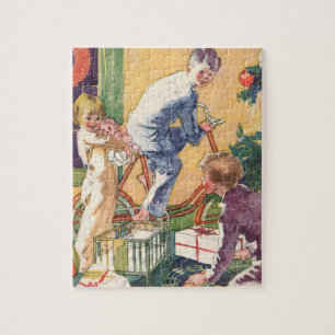 Vintage Weihnachtsmorgen, Kinder mit Geschenken Puzzle