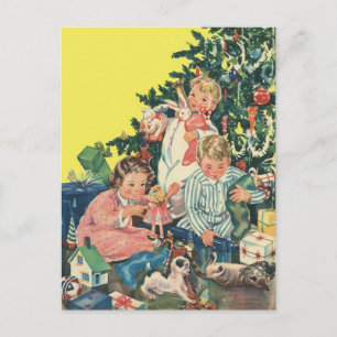 Vintage Weihnachtsmorgen, Kinder öffnen Geschenke Feiertagspostkarte