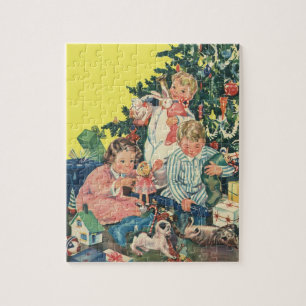 Vintage Weihnachtsmorgen, Kinder öffnen Geschenke Puzzle