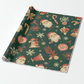 Vintage-Weihnachtsmuster auf Grün Geschenkpapier (Ungerollt)