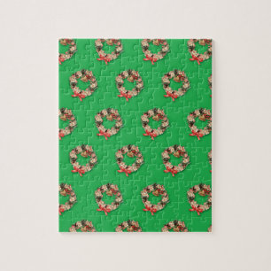 Vintage-Weihnachtsmuster, florale Kränze auf Grün Puzzle