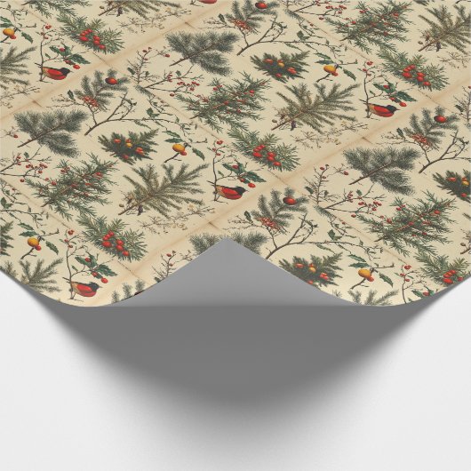 Vintage Weihnachtsmuster Trees Birds Holly Geschenkpapier (Ecke)