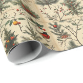 Vintage Weihnachtsmuster Trees Birds Holly Geschenkpapier (Rolleneckpunkt)