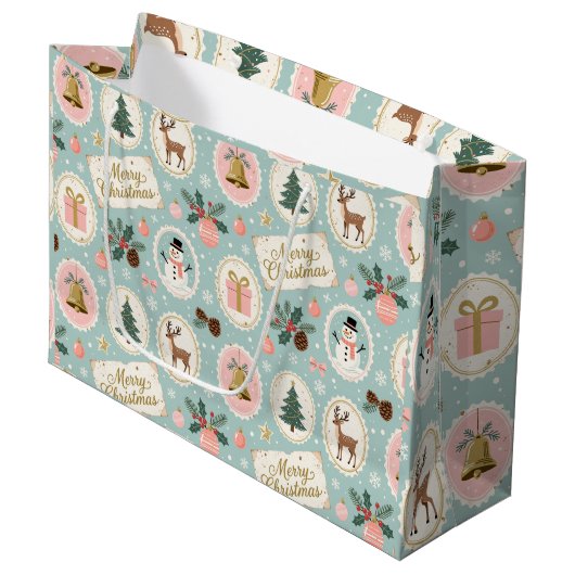 Vintage-Weihnachtsmuster-Wrap-Papier Große Geschenktüte (Vorderseite Schrägansicht)