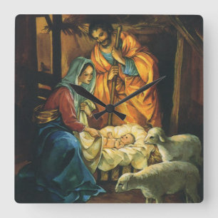 Vintage-Weihnachtsnativität, Jesuskind in der Krip Quadratische Wanduhr