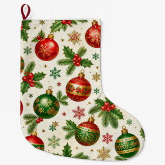 Vintage-Weihnachtsornamente & Stechpalmen-Muster – Großer Weihnachtsstrumpf