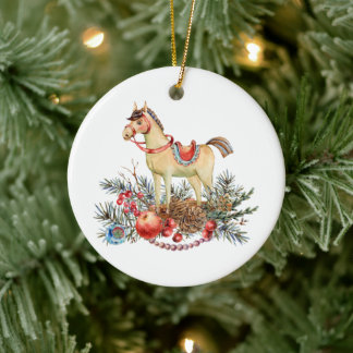 Vintage-Weihnachtspferd, rote Beeren, Dekorationen Keramik Ornament