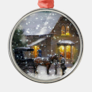 Vintage-Weihnachtspferdekutsche Winterlandschaft Ornament Aus Metall