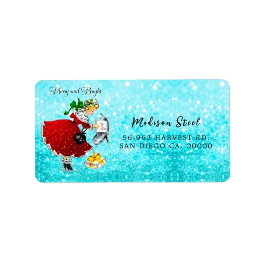 Vintage Weihnachtspost Rotes Glitzer Mädchen Adressaufkleber (Vorne)