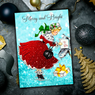 Vintage Weihnachtspost Rotes Glitzer Mädchen Feiertagskarte