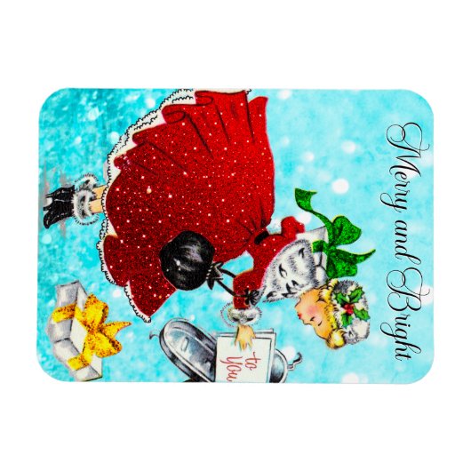 Vintage Weihnachtspost Rotes Glitzer Mädchen Magnet (Horizontal)