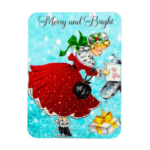 Vintage Weihnachtspost Rotes Glitzer Mädchen Magnet
