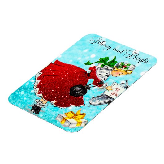 Vintage Weihnachtspost Rotes Glitzer Mädchen Magnet (Linke Seite)