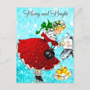 Vintage Weihnachtspost Rotes Glitzer Mädchen Postkarte
